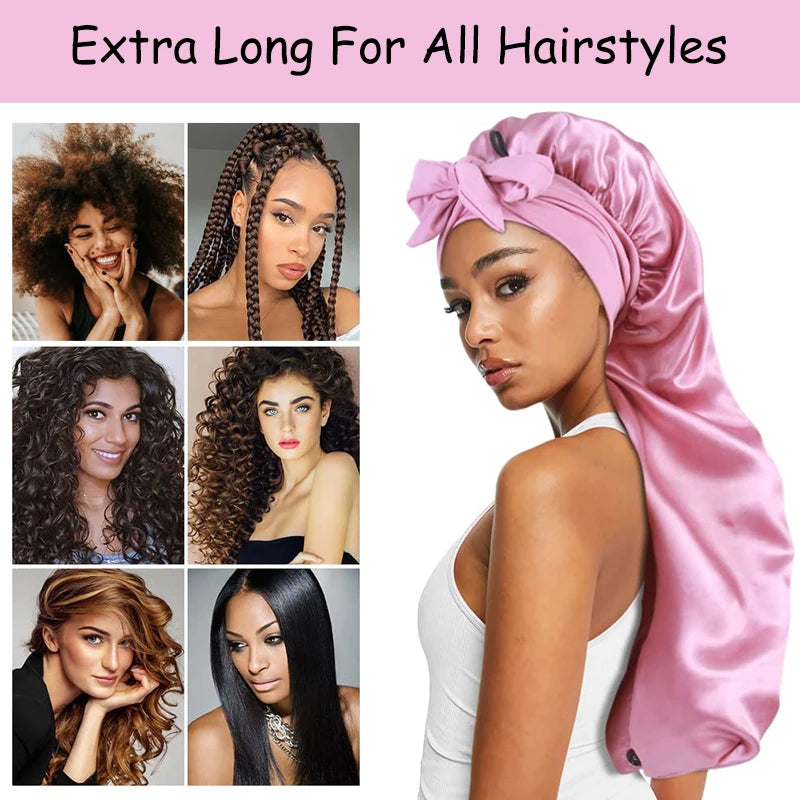 Soft Silky Long Satin Bonnet For Natural Hair And Curly Hair