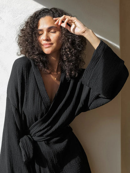 Cotton Black Female Bathrobe Long Sleeve Robe