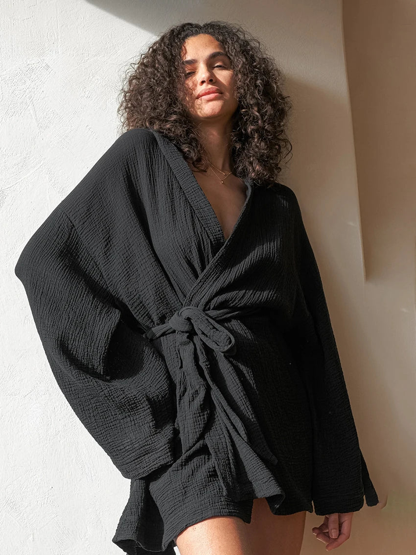 Cotton Black Female Bathrobe Long Sleeve Robe