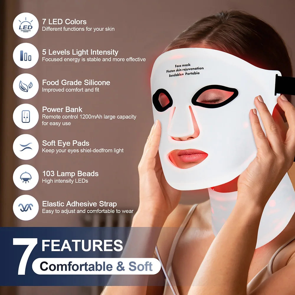 Silicone LED Mask Face With Neck 7 Colors LED Photon Red Light Infrared Therapy Flexible Facial Mask Repair Skin Wireless Use