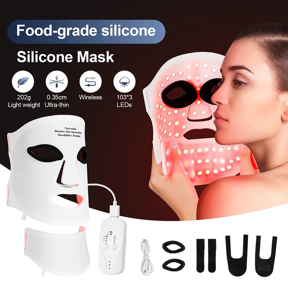 Silicone LED Mask Face With Neck 7 Colors LED Photon Red Light Infrared Therapy Flexible Facial Mask Repair Skin Wireless Use