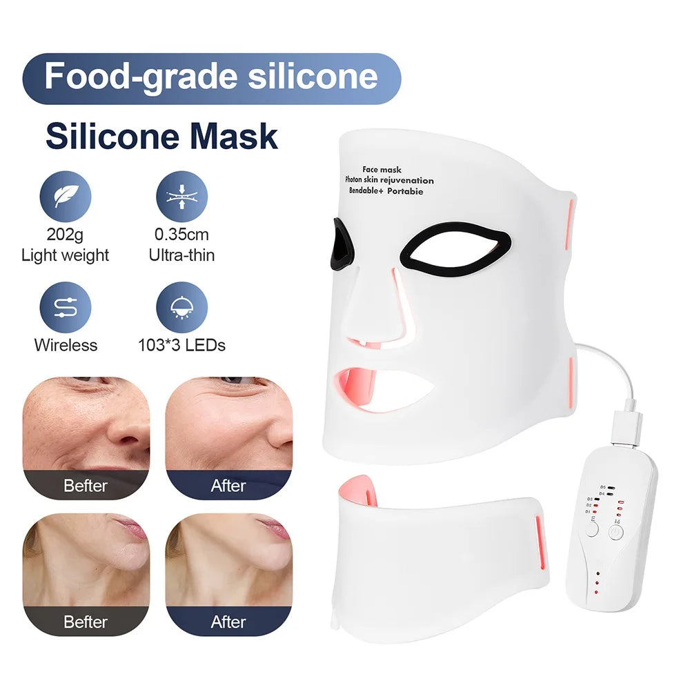 Silicone LED Mask Face With Neck 7 Colors LED Photon Red Light Infrared Therapy Flexible Facial Mask Repair Skin Wireless Use