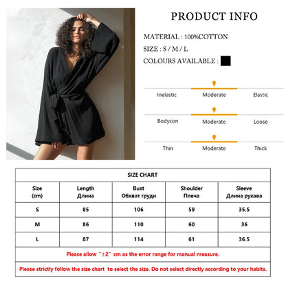 Cotton Black Female Bathrobe Long Sleeve Robe