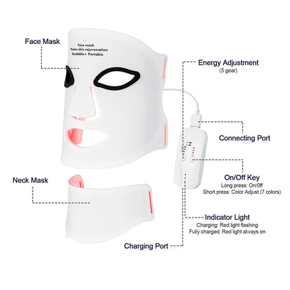 Silicone LED Mask Face With Neck 7 Colors LED Photon Red Light Infrared Therapy Flexible Facial Mask Repair Skin Wireless Use