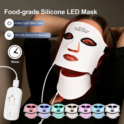 Silicone LED Mask Face With Neck 7 Colors LED Photon Red Light Infrared Therapy Flexible Facial Mask Repair Skin Wireless Use