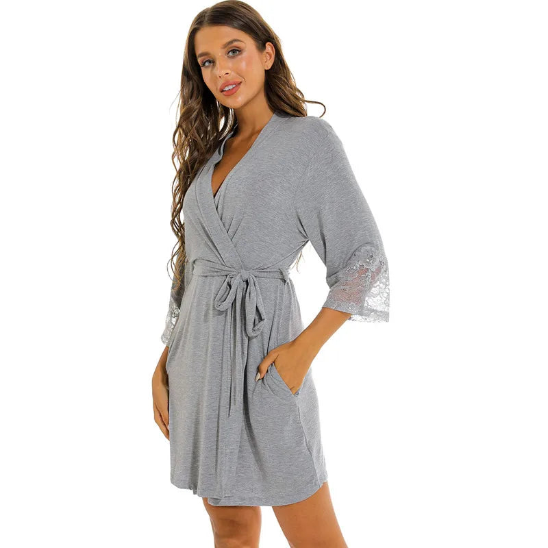 Cotton Robe with Lace sleeve, Women Bathrobe