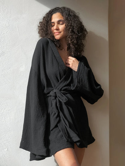 Cotton Black Female Bathrobe Long Sleeve Robe