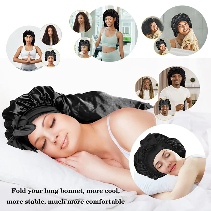 Soft Silky Long Satin Bonnet For Natural Hair And Curly Hair