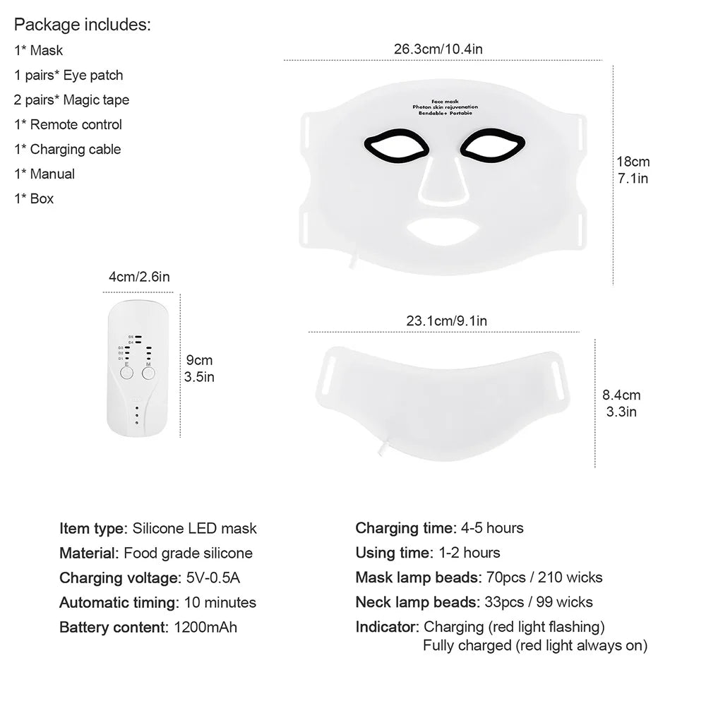 Silicone LED Mask Face With Neck 7 Colors LED Photon Red Light Infrared Therapy Flexible Facial Mask Repair Skin Wireless Use