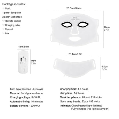 Silicone LED Mask Face With Neck 7 Colors LED Photon Red Light Infrared Therapy Flexible Facial Mask Repair Skin Wireless Use